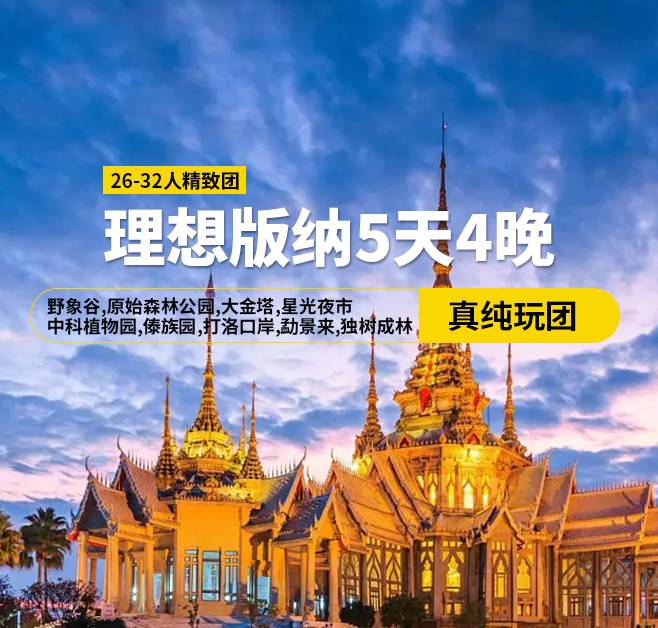 理想版納5天4晚純玩，26-32人精致團，野象谷，原始森林公園，大金塔，星光夜市，中科植物園，傣族園，打洛口岸，勐景來，獨樹成林